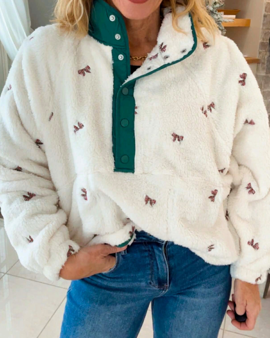 Mini Bow Embroidered Fleece Pullover Jacket