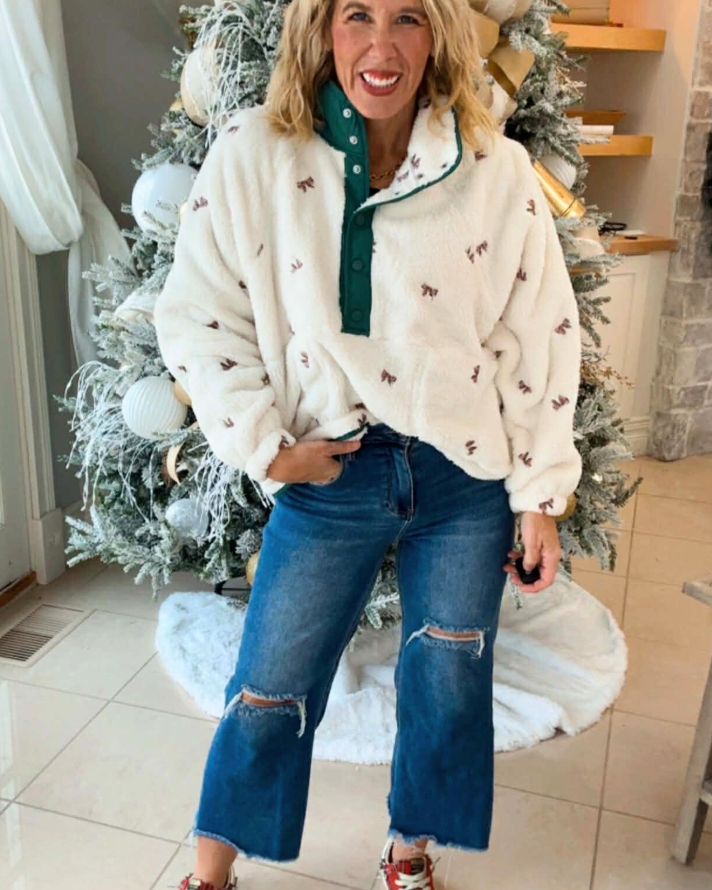 Mini Bow Embroidered Fleece Pullover Jacket