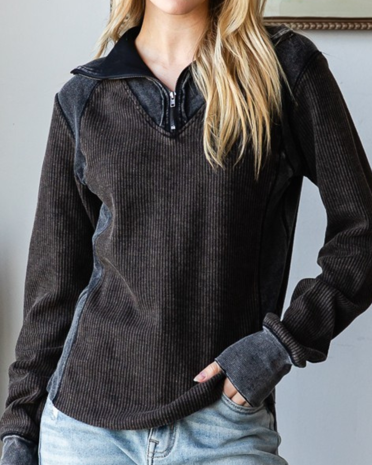 Washed Henley Zip Up Neck Waffle Top | OLI & HALI