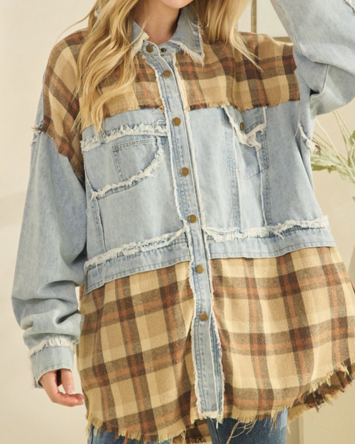 Washed Plaid Denim Mix Button Down Shacket |OLI & HALI