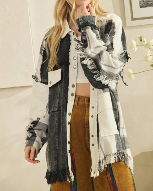 Black Washed Faric Mix Button Down Shacket | OLI & HALI