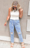 High-waisted distressed denim joggers with drawstring waist.