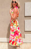 Bold multicolor floral midi dress with zip-up front and fitted elasticized waist for a breezy silhouette.