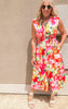 Bright floral zip-front sleeveless dress with gathered waist and flowy midi skirt.