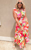 Statement sleeveless dress with oversized tropical florals and zipper detail down the front.