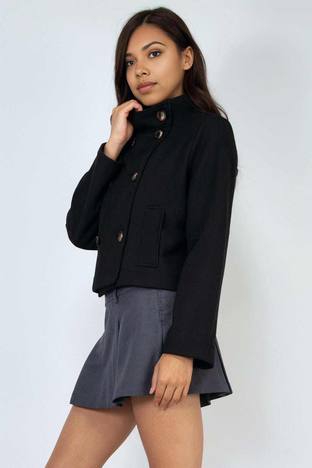 Double-Breasted Solid Crop Coat