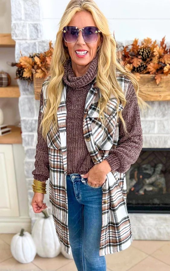 Leave Them Speechless Wool Plaid Long Vest - Brown - Final Sale