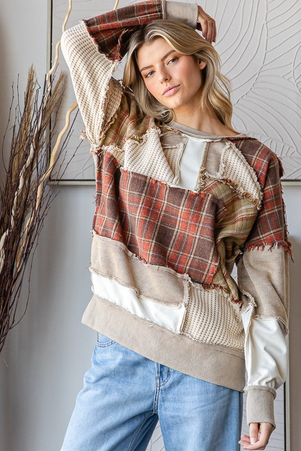 Washed Plaid Mix Patchwork Top