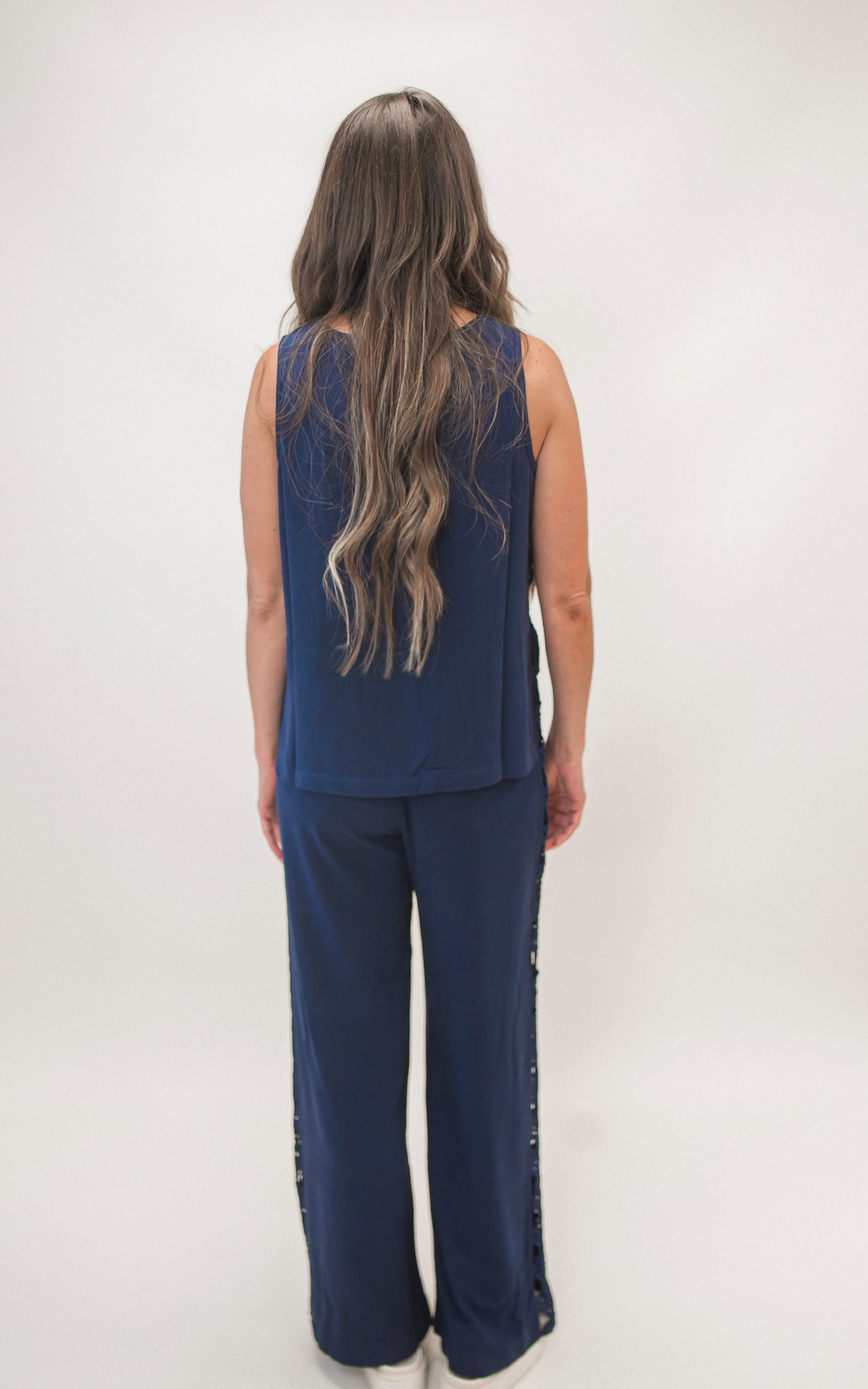 Linen Blend Navy Wide Leg Pant