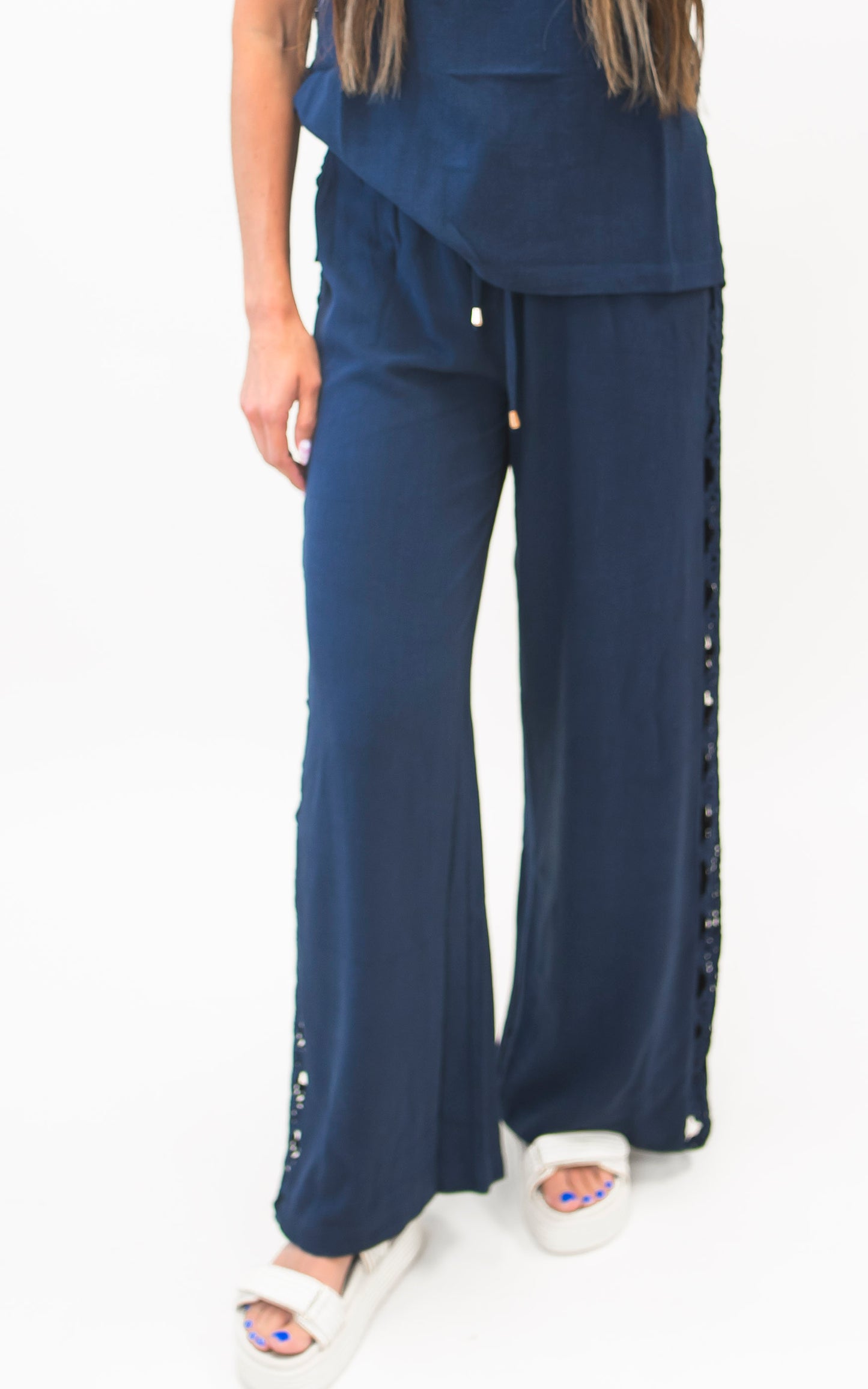 Linen Blend Navy Wide Leg Pant