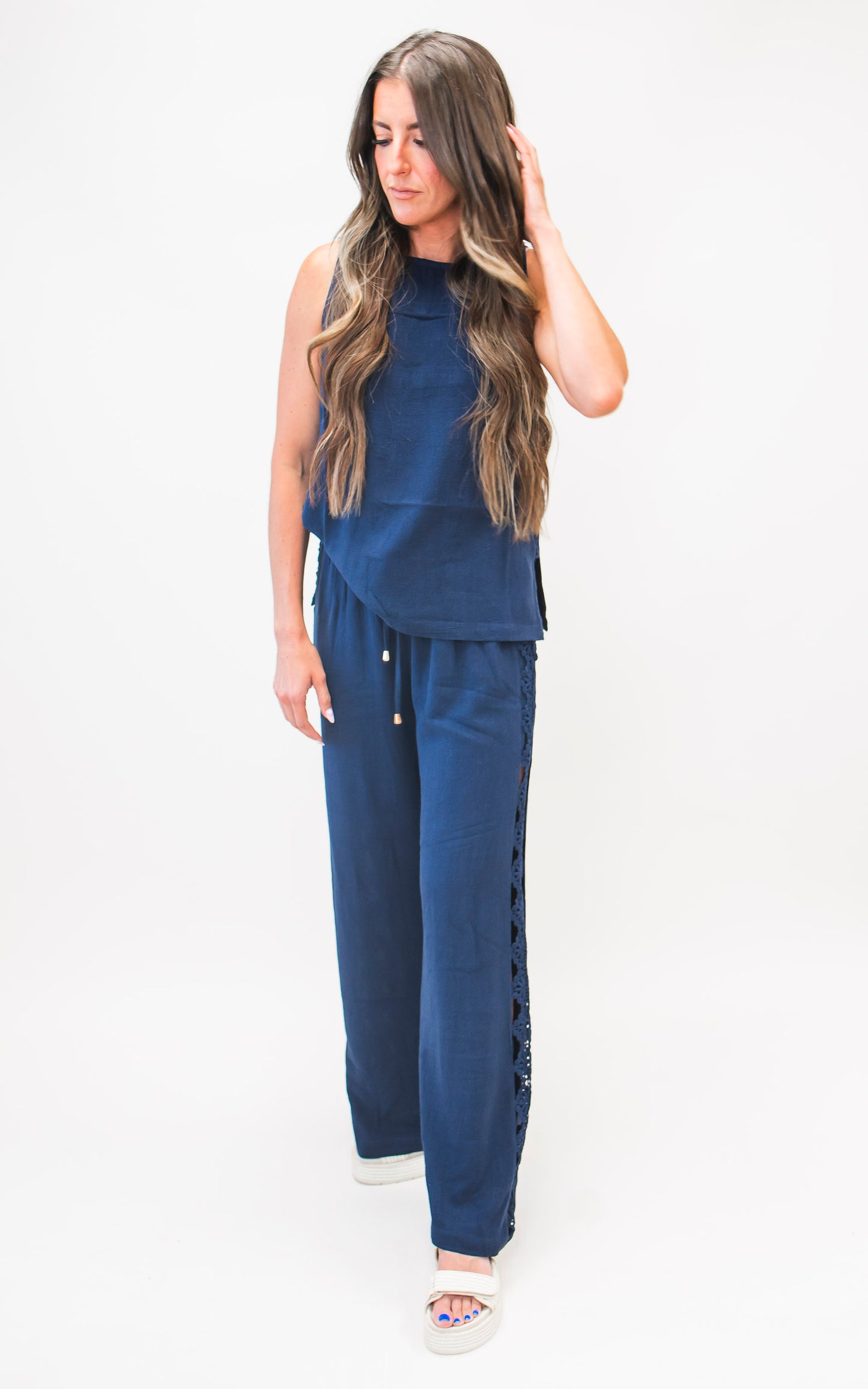 Linen Blend Navy Wide Leg Pant