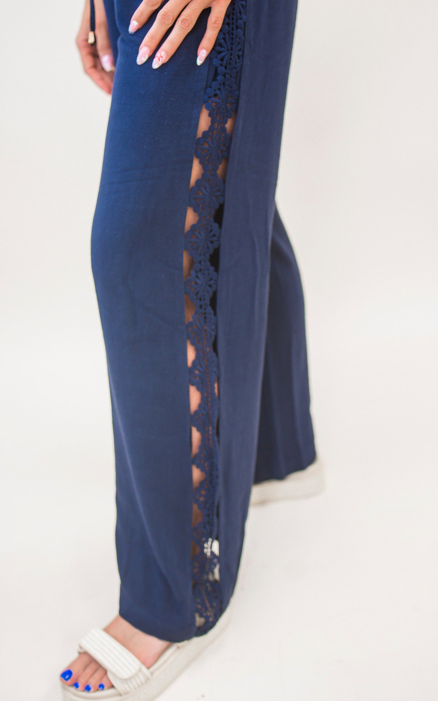 Linen Blend Navy Wide Leg Pant