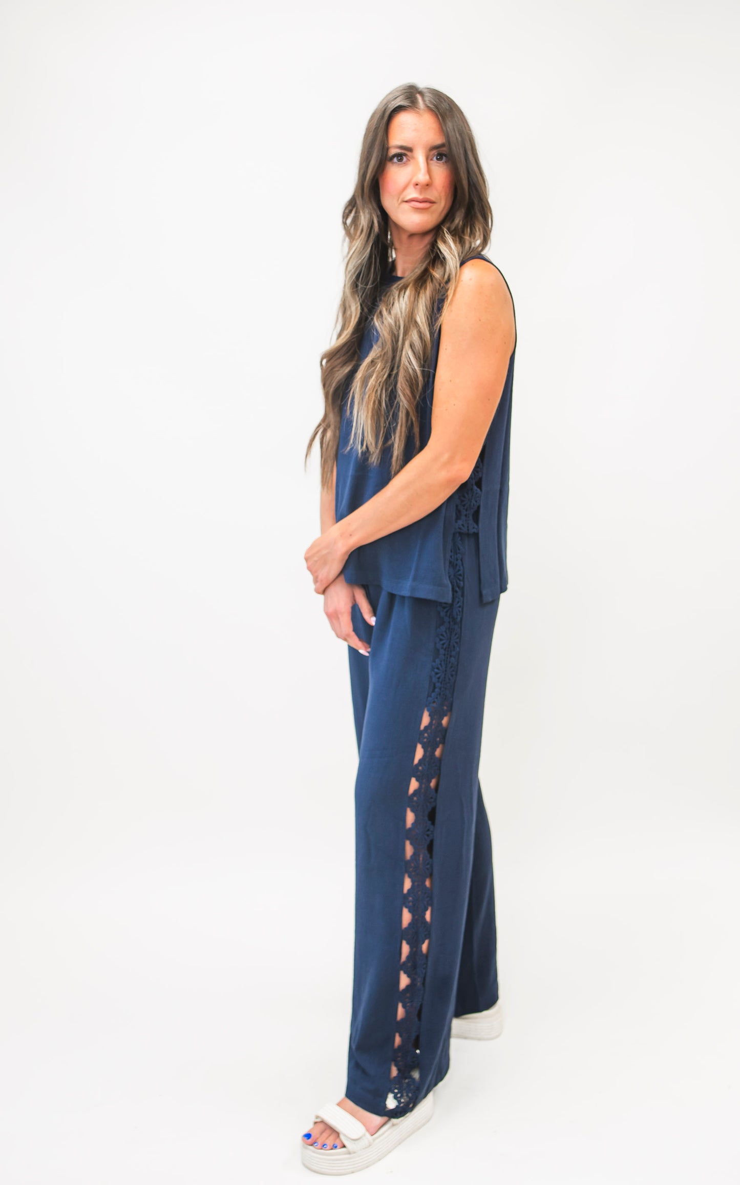 Linen Blend Navy Wide Leg Pant