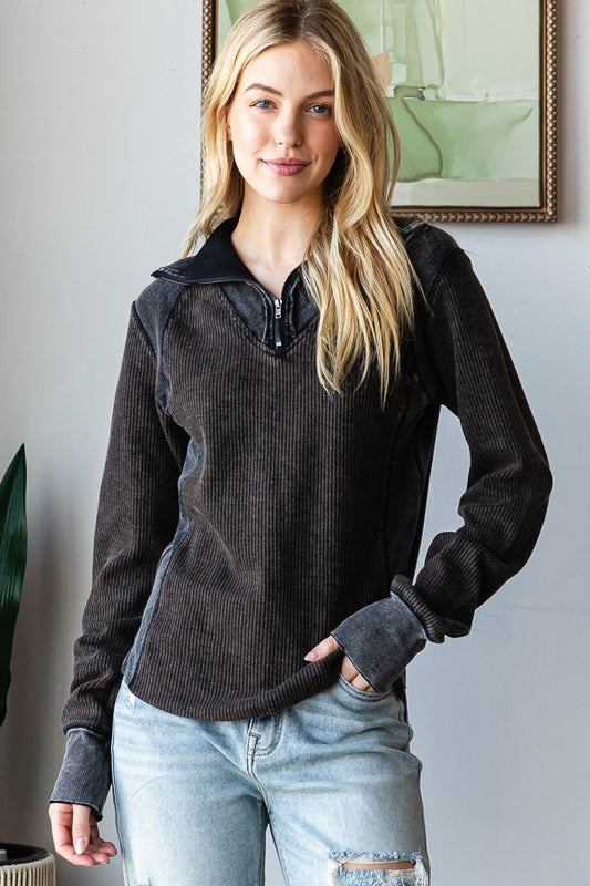 Washed Henley Zip Up Neck Waffle Top | OLI & HALI *NASHVILLE LIVE PREORDER