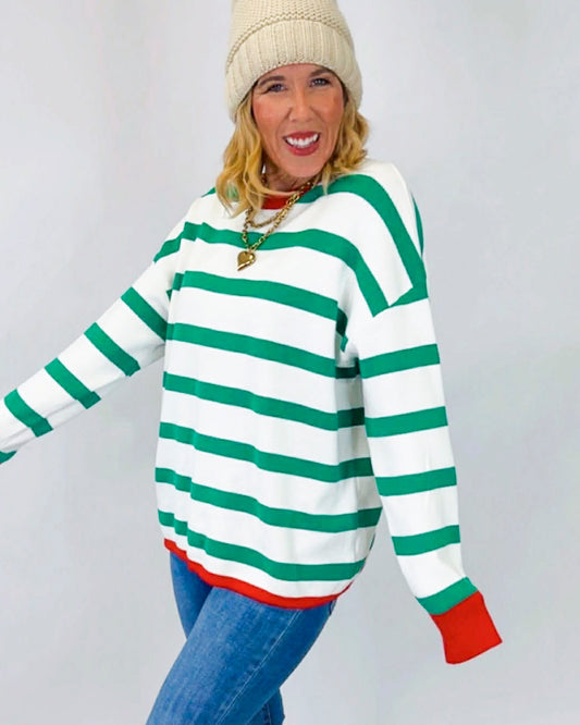 Holiday Cheer Stripe Knit Pullover Top