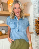 Tencel Denim Fray Detailed Dolman Short Sleeve Top