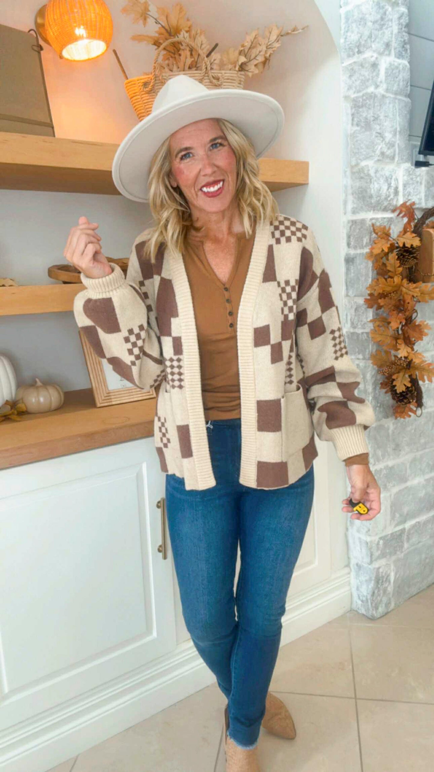 Oatmeal Checkered Open Front Cardigan With Pockets
