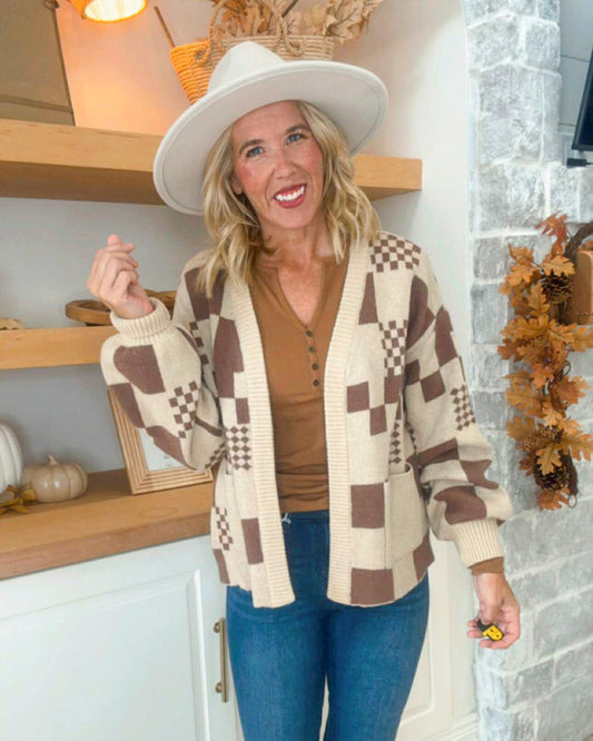 Oatmeal Checkered Open Front Cardigan With Pockets