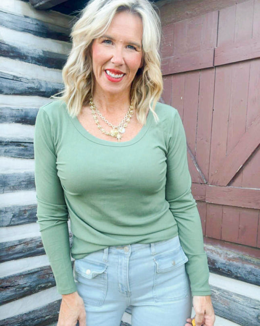Olive Hold Tight Scoop Neck Long Sleeve Top | SALTY WAVE *START SHIP DATE: OCT 28TH (DEAL)