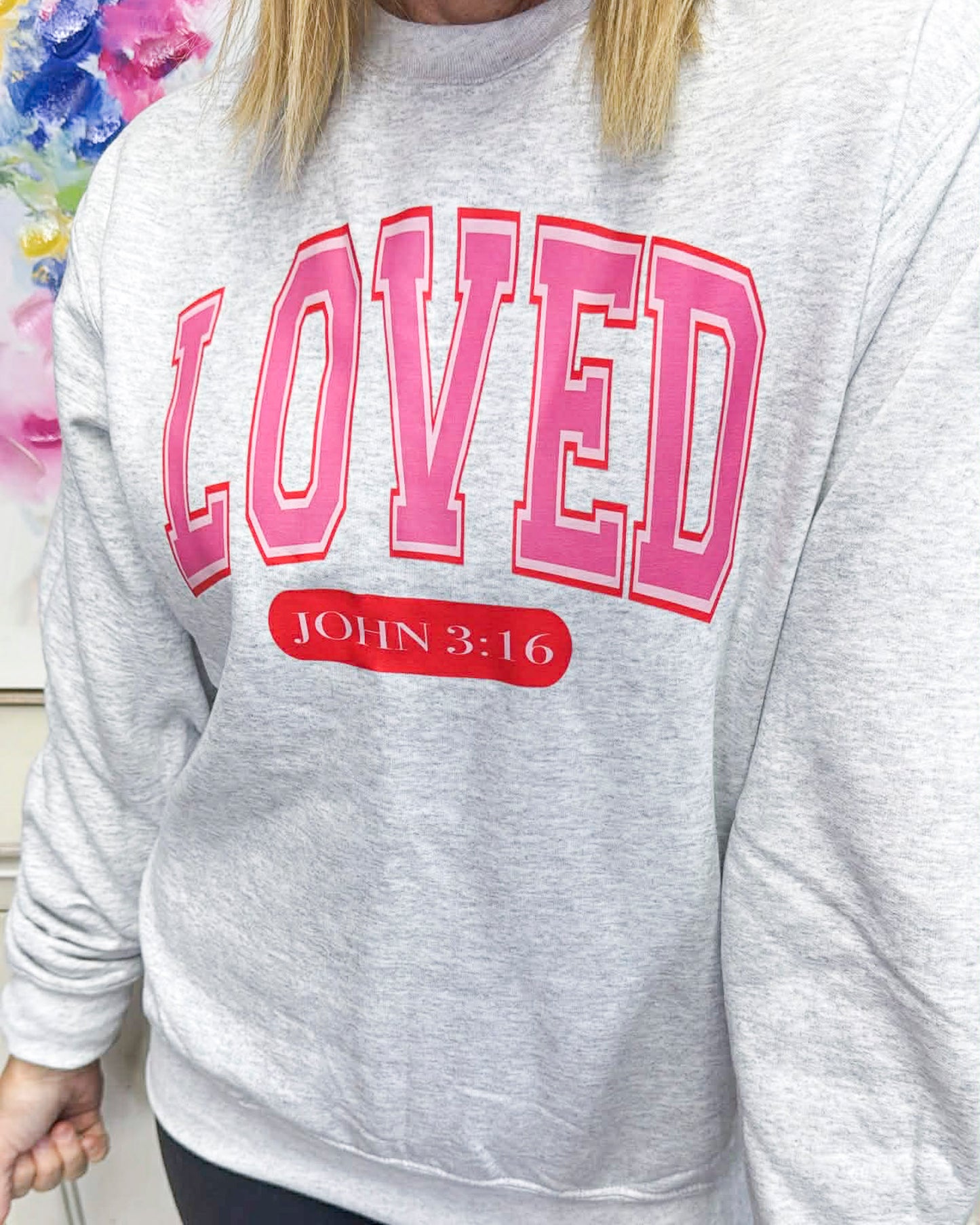 LOVED John 3:16 Ash Crewneck Graphic Sweatshirt *