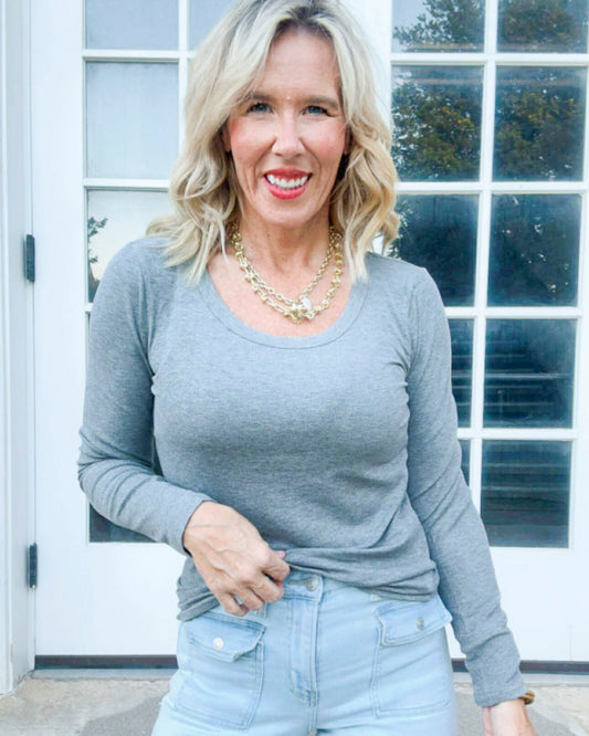 Heather Grey Hold Tight Scoop Neck Long Sleeve Top | SALTY WAVE *START SHIP DATE: OCT 28TH (DEAL)