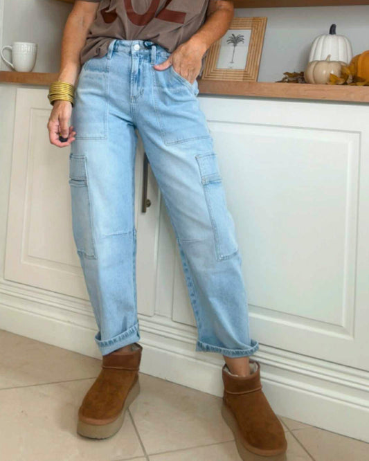 Super High Rise Barrel-leg With Cropped Cargo Denim Jeans | MICA *PREORDER