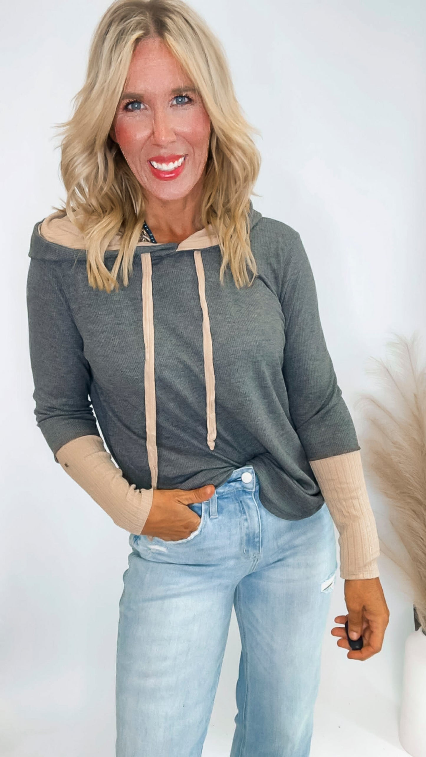 Thermal Knit Jacquard Rib Knit Hoodie Top (2 COLORS)