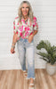 Floral Print Pintuck Detail Split Neck Blouse Top