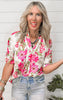 Floral Print Pintuck Detail Split Neck Blouse Top