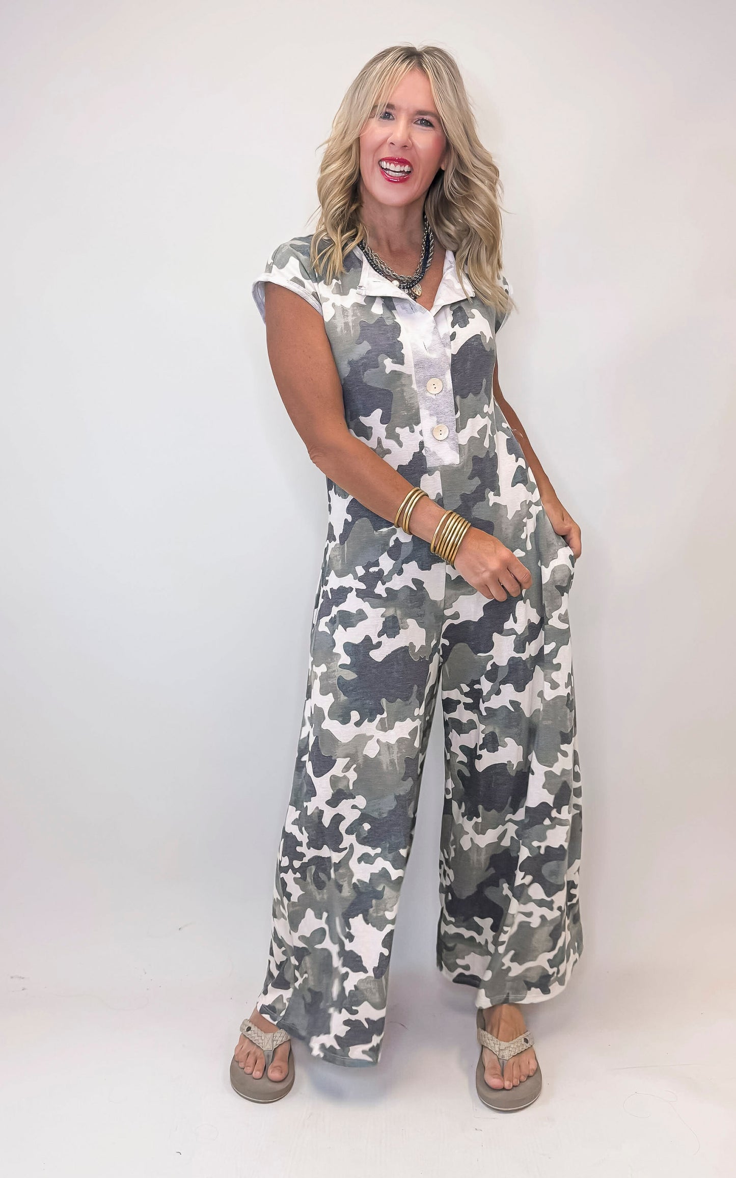 Loose Fit Camouflage Jumpsuit W/ Side Pockets