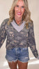 Camouflage V-neck Top With Contrast Neck Band