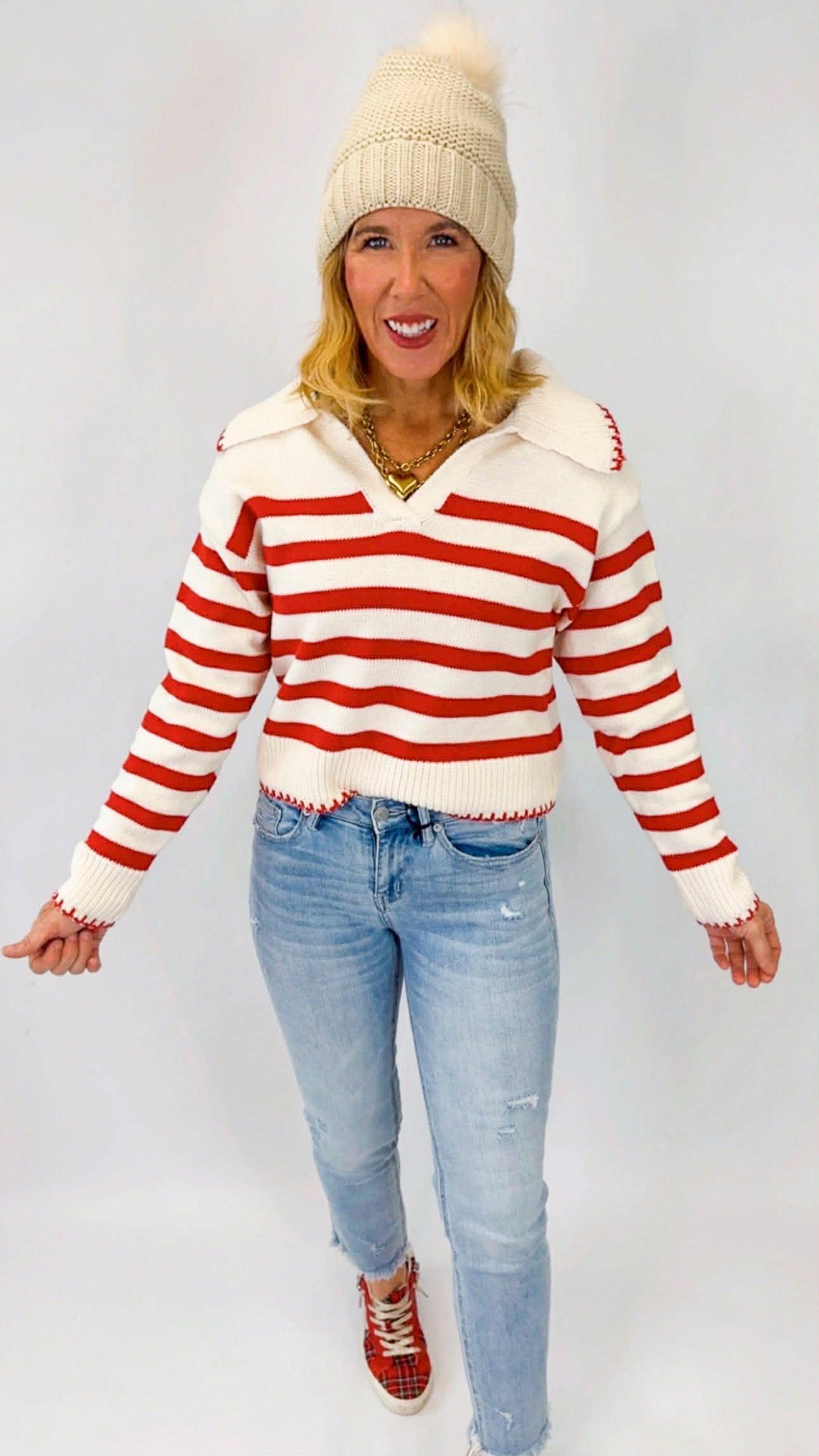 Striped Collared Sweater With Blanket Stitch
