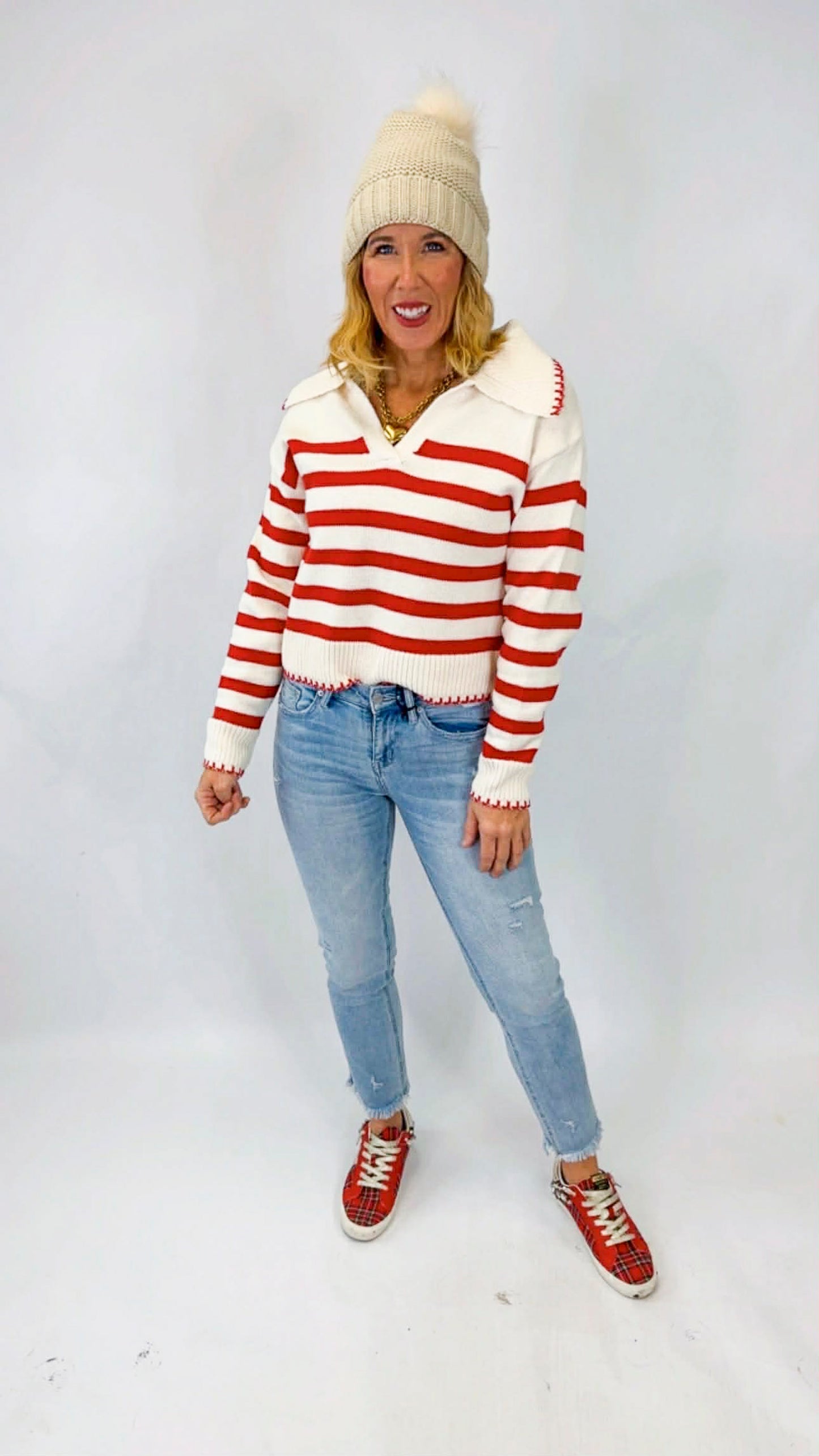 Striped Collared Sweater With Blanket Stitch