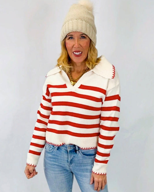 Striped Collared Sweater With Blanket Stitch