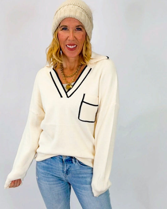 Collared Pullover Sweater With Contrast Trim