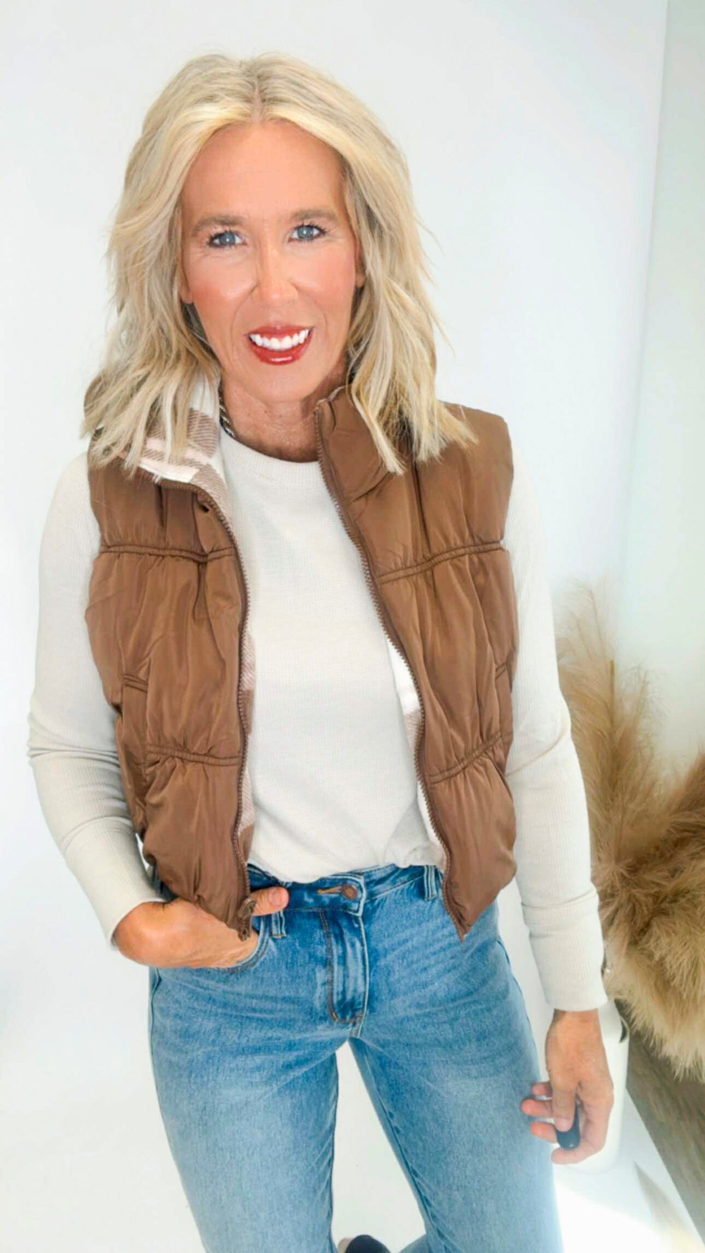 Mocha Full-zip Reversible Plaid Puffer Vest *DEAL*