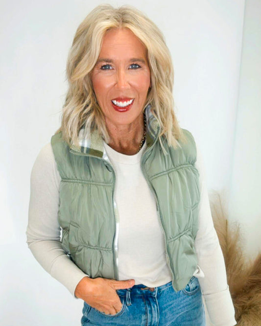 Olive Stone Full-zip Reversible Plaid Puffer Vest