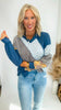 Denim Multi Fabric Patchwork V Neck Long Sleeve Top