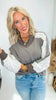 Vintage Acorn Multi Fabric Contrast Sleeve V Neck Top