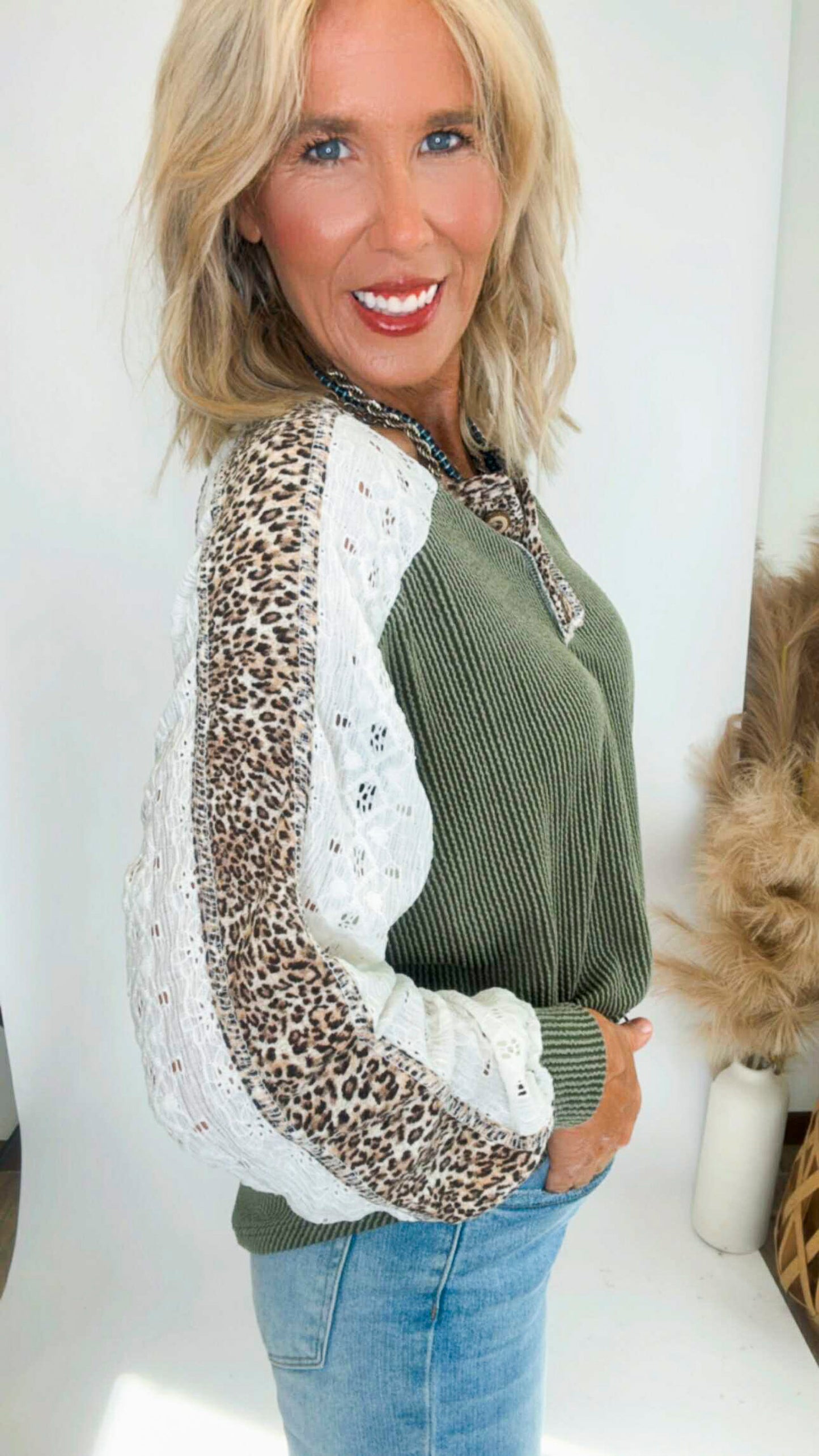 Olive Leopard Contrast Lace Detail Top