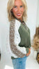 Olive Leopard Contrast Lace Detail Top