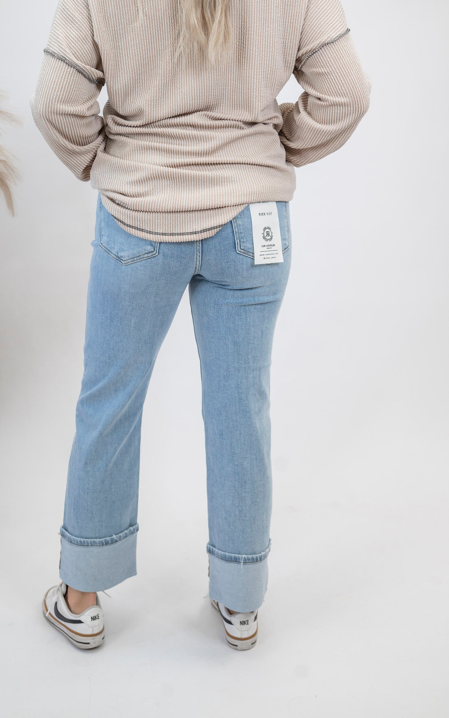 High Rise Ankle Straight Wide Cuffed Denim Jeans | RISEN