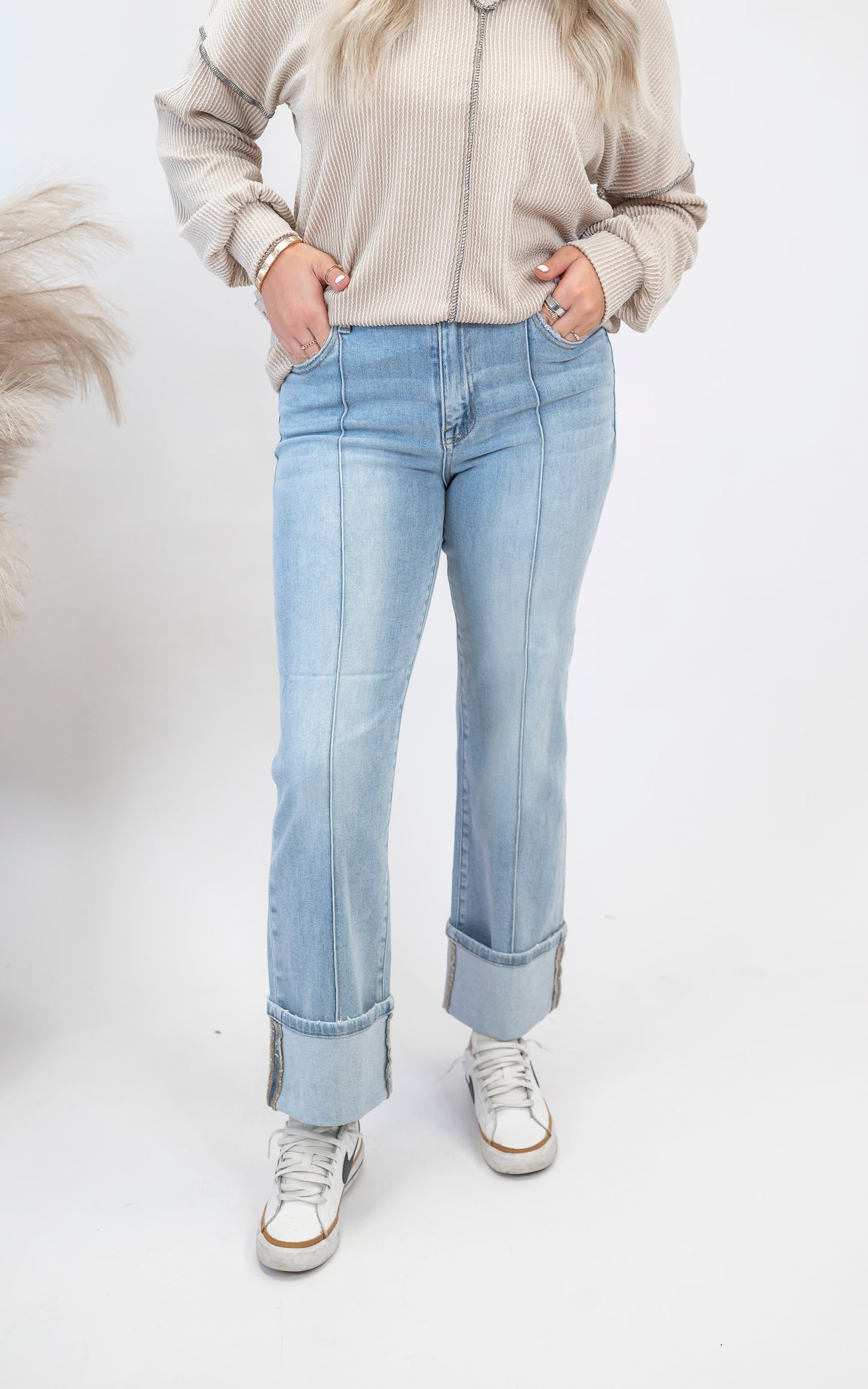 High Rise Ankle Straight Wide Cuffed Denim Jeans | RISEN