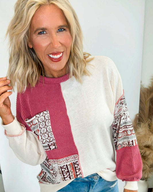 Burgundy Patchwork Knit Long Sleeve Pullover Top