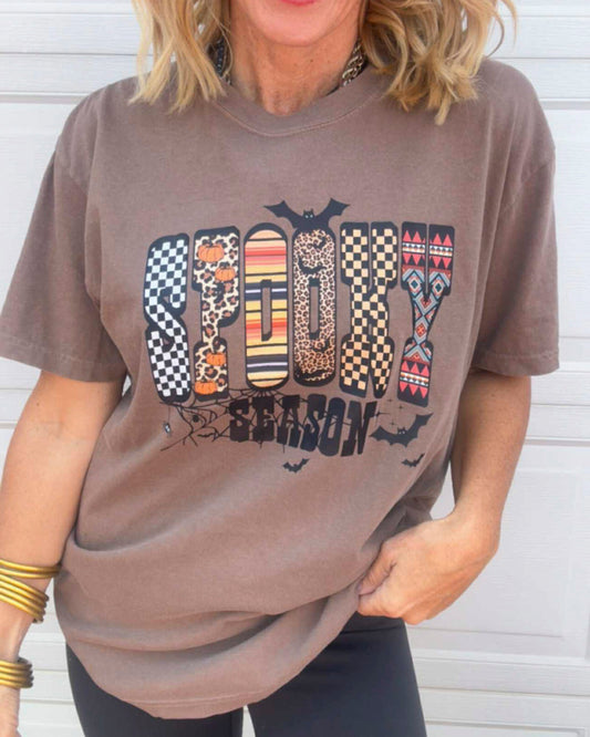 Patchwork Spooky Season Espresso Garment Graphic T-shirt
