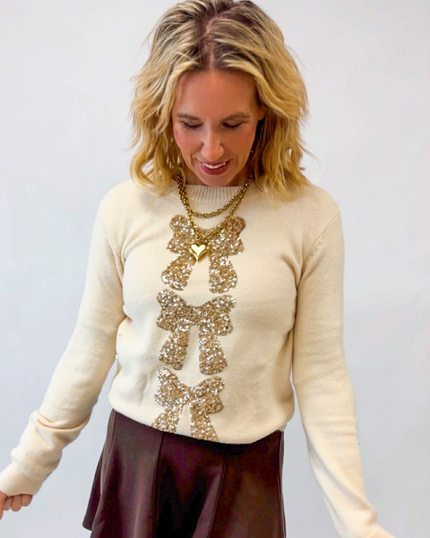 Sequins Bow Ribbon Embellished Holiday Sweater Top