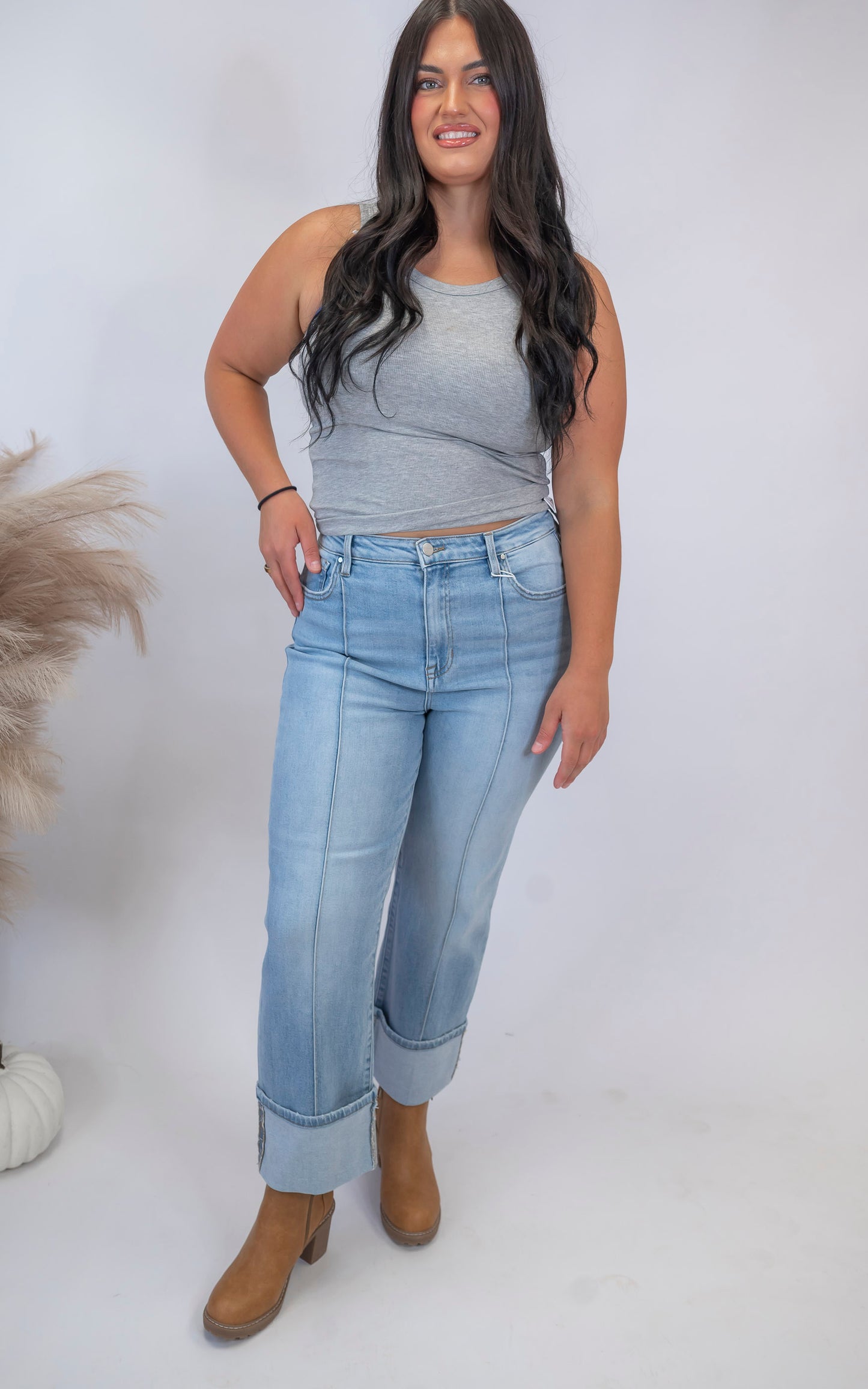 High Rise Ankle Straight Wide Cuffed Denim Jeans | RISEN