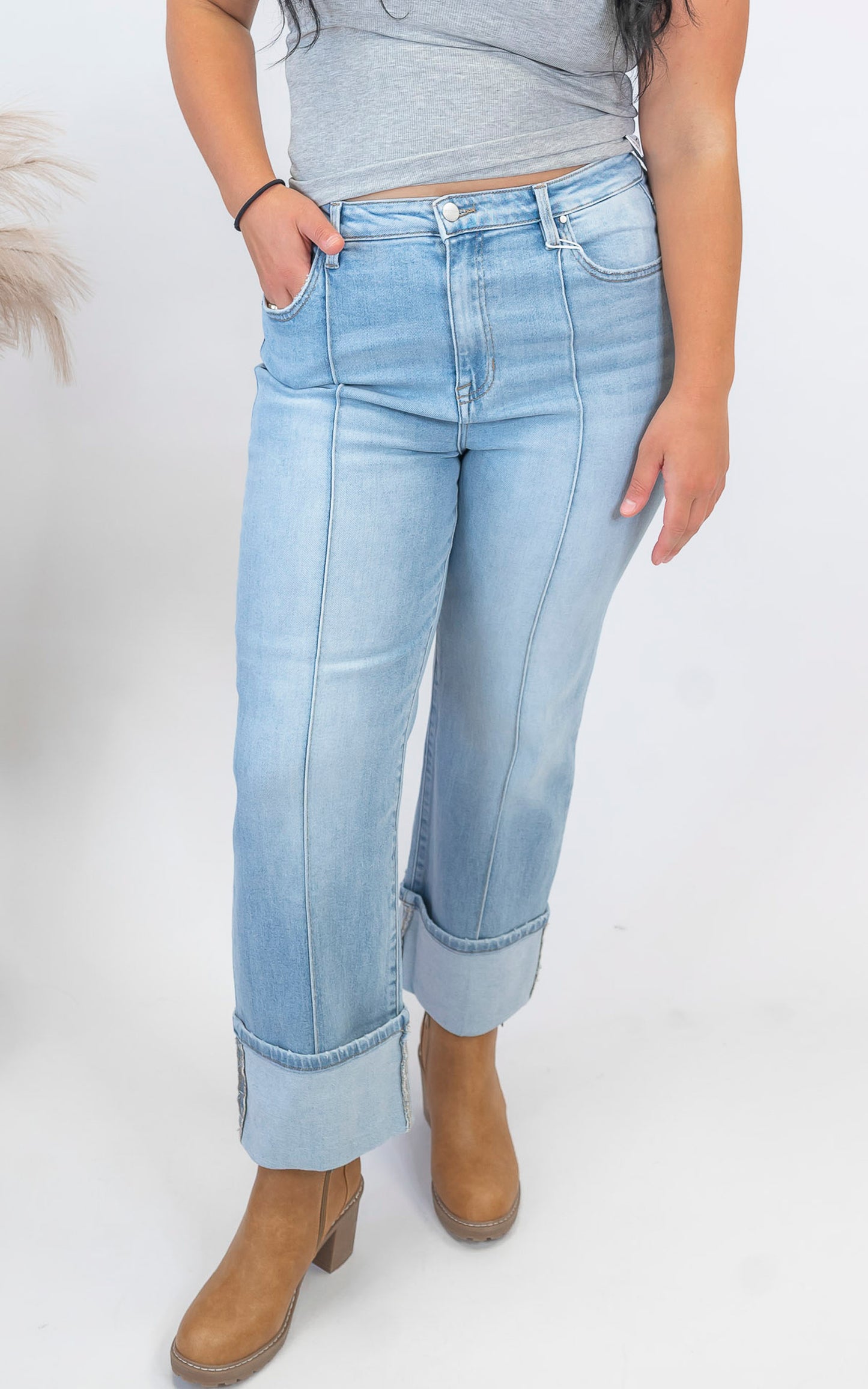 High Rise Ankle Straight Wide Cuffed Denim Jeans | RISEN