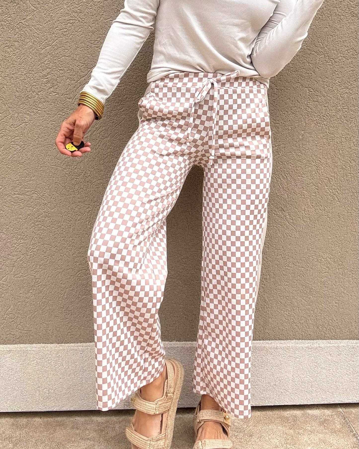 Cream Checkerboard Contrast Matching Pants