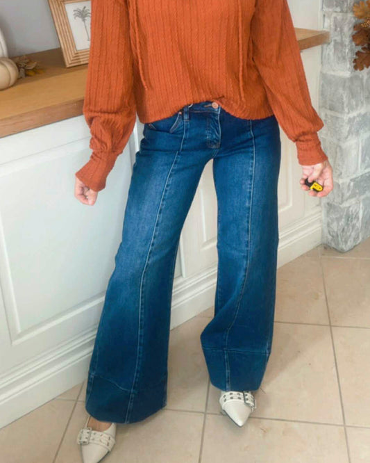 Dark Wash Tummy Control Mid Rise Ankle Wide Flare Denim Jeans | RISEN